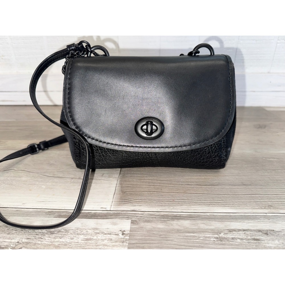 Coach Crossbody Bag Women Black Leather Suede Turnlock F22348 Small